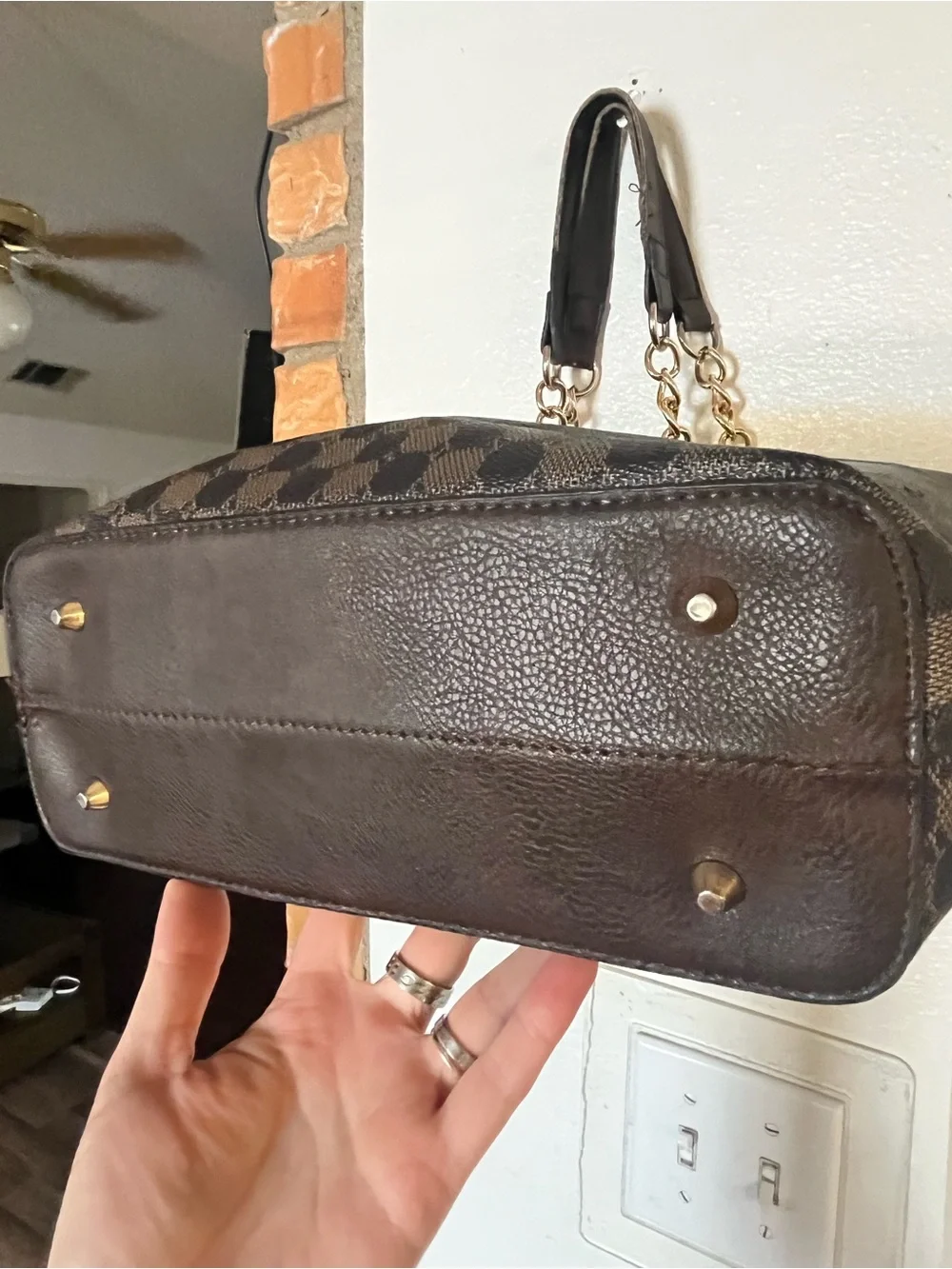 Montana West Brown Checker Tote with Gold Chain Straps